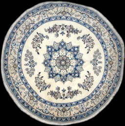 Rund persisk matta, diameter 250 cm, huvudsakligen vit och blå — Helhetsvy