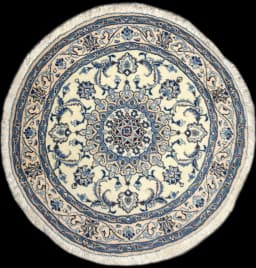 Rund persisk matta, diameter 150 cm, huvudsakligen vit och blå — Helhetsvy