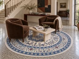 Persian round rug, diameter 250 cm, mainly cream and blue — In a room