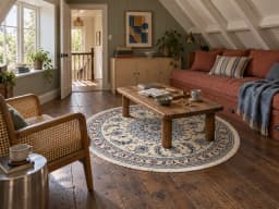 Persian round rug, diameter 150 cm, mainly cream and blue — In a room