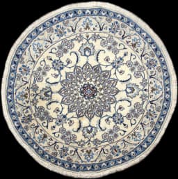 Persian round rug, diameter 200 cm, mainly cream and blue — Full view