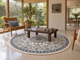 Persian round rug, diameter 200 cm, mainly cream and blue — In a room