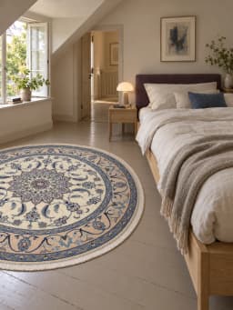 Alfombra persa redonda, 200 cm de diámetro, principalmente en blanco y azul — En una habitación