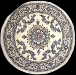 Rund persisk matta, diameter 200 cm, huvudsakligen vit — Helhetsvy