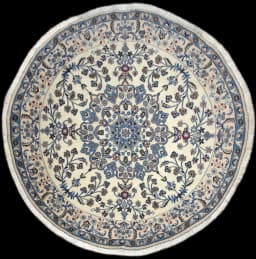 Rund persisk matta, diameter 200 cm, huvudsakligen vit och blå — Helhetsvy