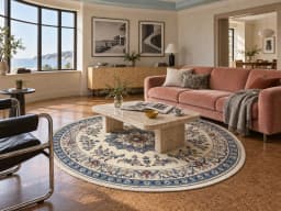 Persian round rug, diameter 200 cm, mainly cream and blue — In a room