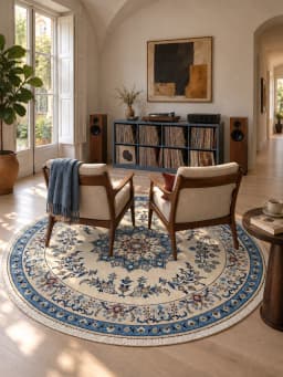 Persian round rug, diameter 200 cm, mainly cream and blue — In a room