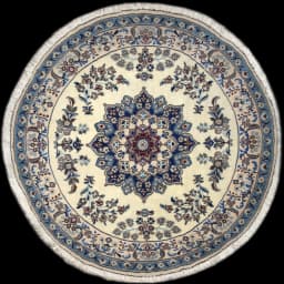 Rund persisk matta, diameter 200 cm, huvudsakligen vit och blå — Helhetsvy