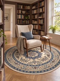 Tapis persan rond, 250 cm de diamètre, principalement blanc et bleu — Dans une pièce