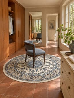 Persian round rug, diameter 200 cm, mainly cream and blue — In a room