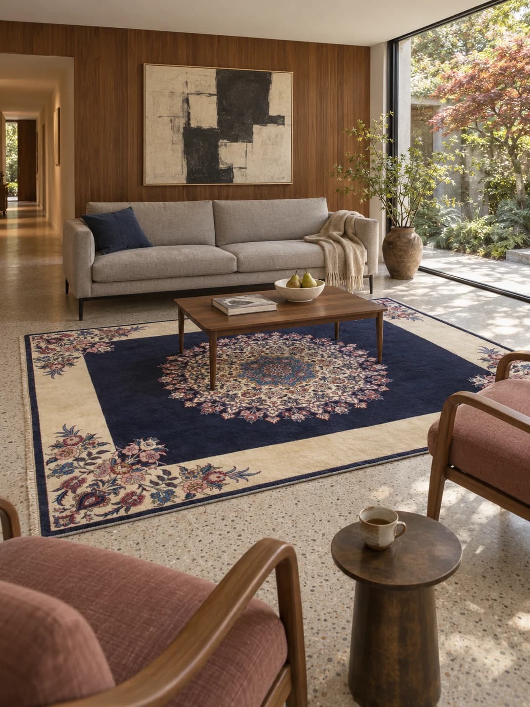 Persian rug, floral, 190x300 cm, mainly blue and cream — In a room