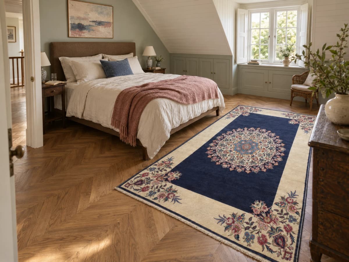 Persian rug, floral, 190x300 cm, mainly blue and cream — In a room