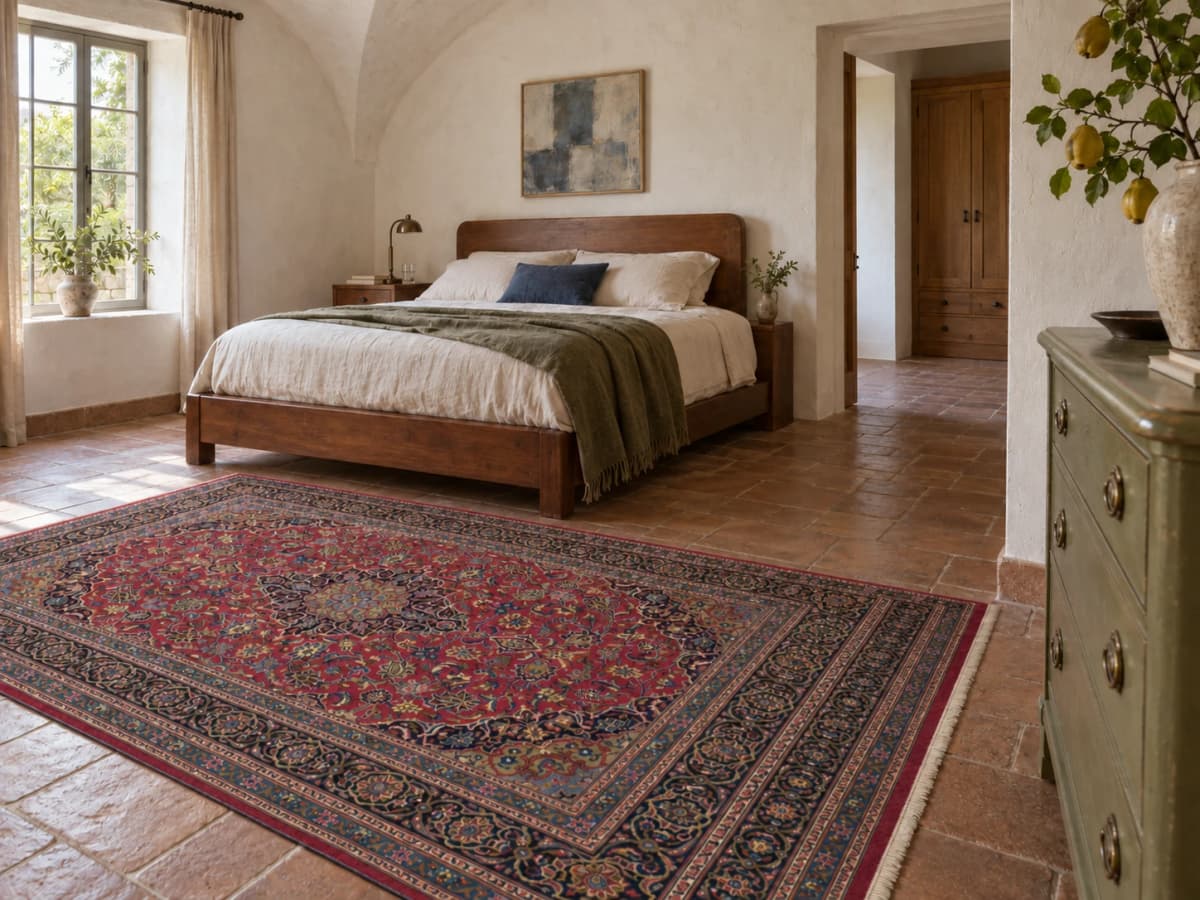 Perserteppich Kashan, orientalisch, 203x310 cm, überwiegend in Rot und Blau — Im Raum
