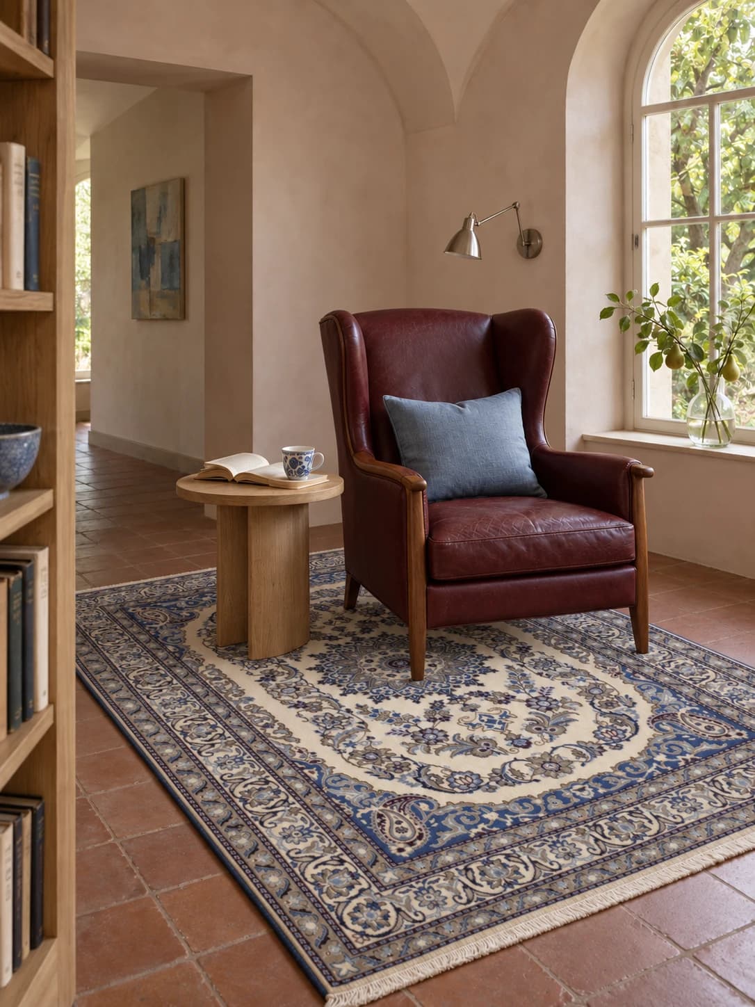 Perserteppich Nain, orientalisch, 165x240 cm, überwiegend in Blau und Weiß — Im Raum