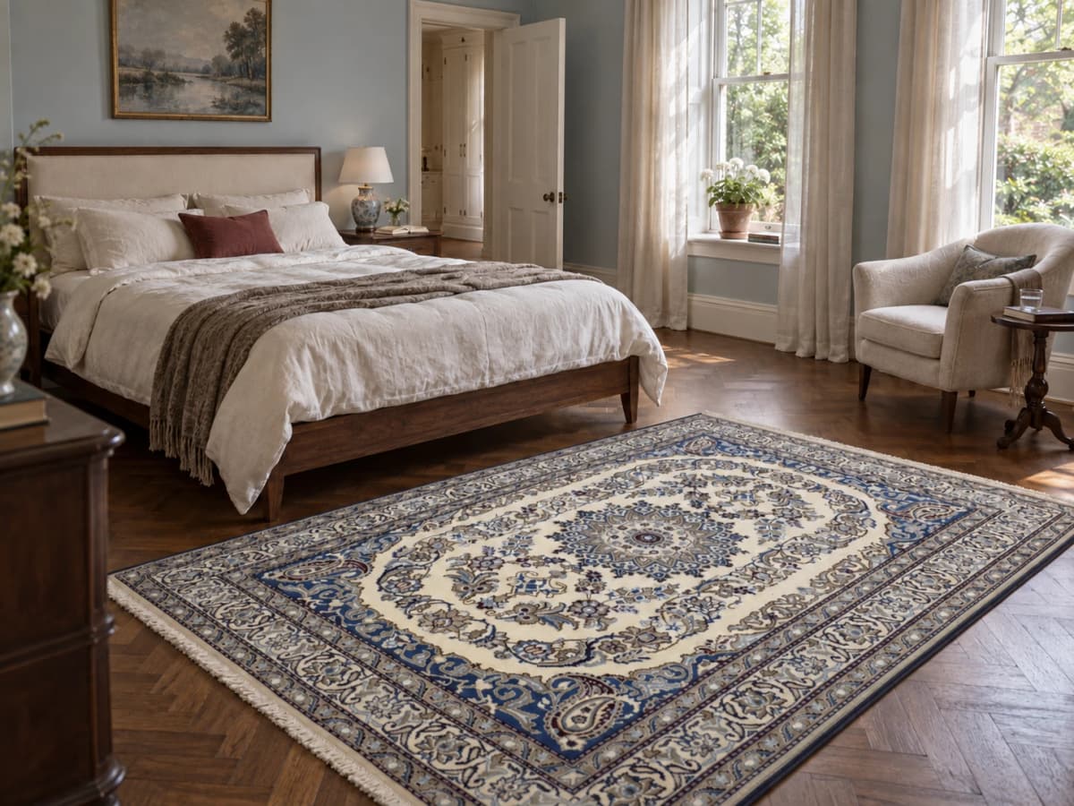 Perserteppich Nain, orientalisch, 165x240 cm, überwiegend in Blau und Weiß — Im Raum