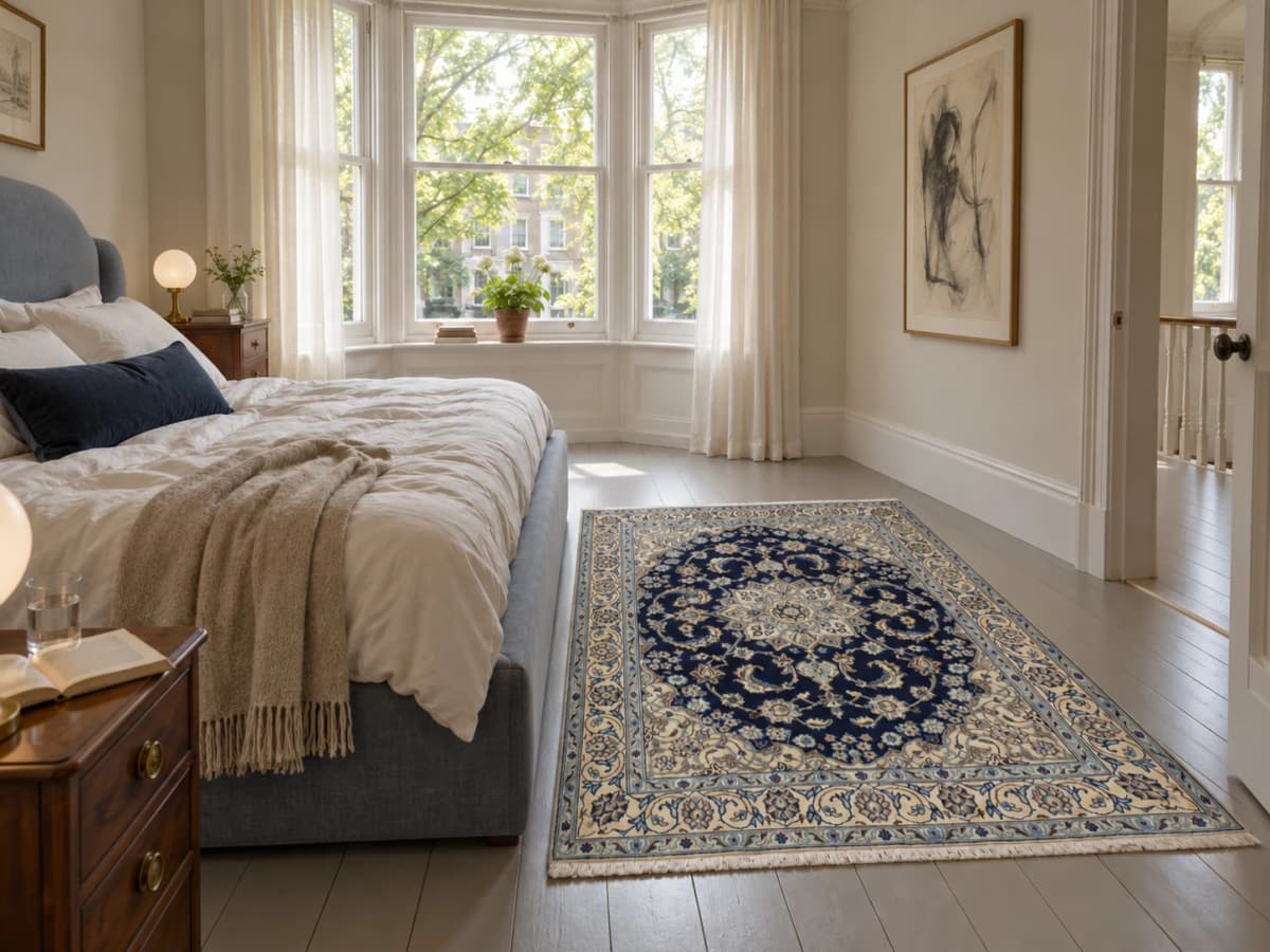 Perserteppich Nain, orientalisch, 146x195 cm, überwiegend in Blau und Weiß — Im Raum