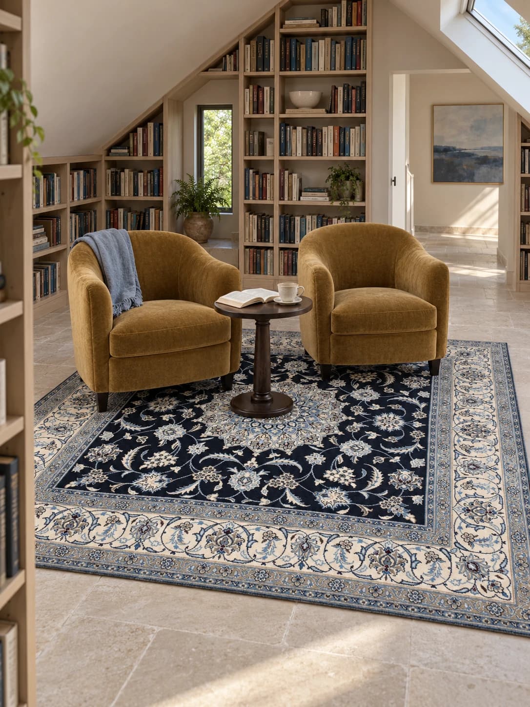Perserteppich Nain, orientalisch, 200x207 cm, überwiegend in Blau und Weiß — Im Raum
