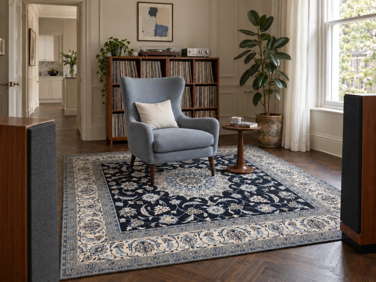 Perserteppich Nain, orientalisch, 200x207 cm, überwiegend in Blau und Weiß — Im Raum