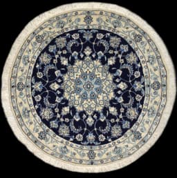 Alfombra persa redonda, 150 cm de diámetro, principalmente en azul y blanco — Vista completa