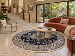 Persian round rug, diameter 200 cm, mainly blue and cream — In a room