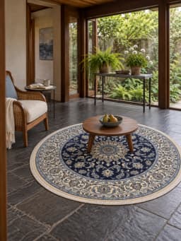 Persian round rug, diameter 200 cm, mainly blue and cream — In a room