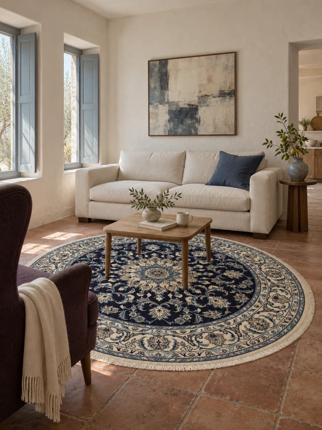 Persian round rug, diameter 200 cm, mainly blue and cream — In a room