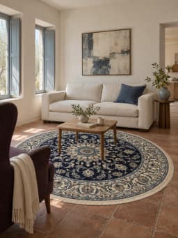 Persian round rug, diameter 200 cm, mainly blue and cream — In a room