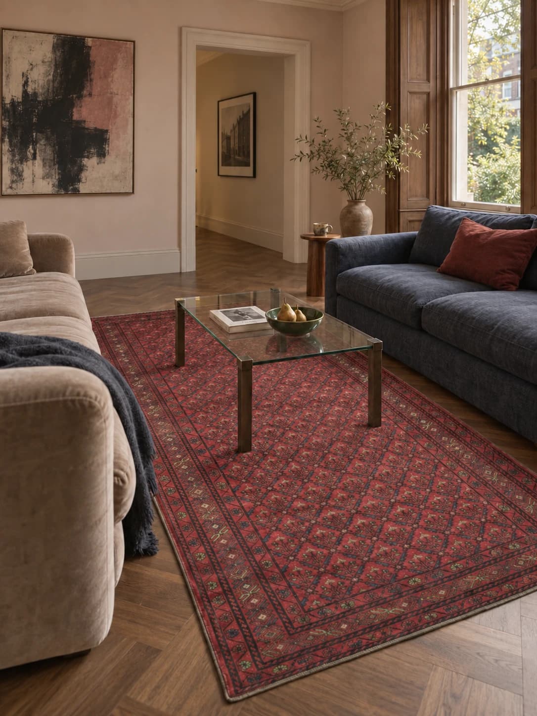 Persian rug, 147x290 cm, mainly red — In a room