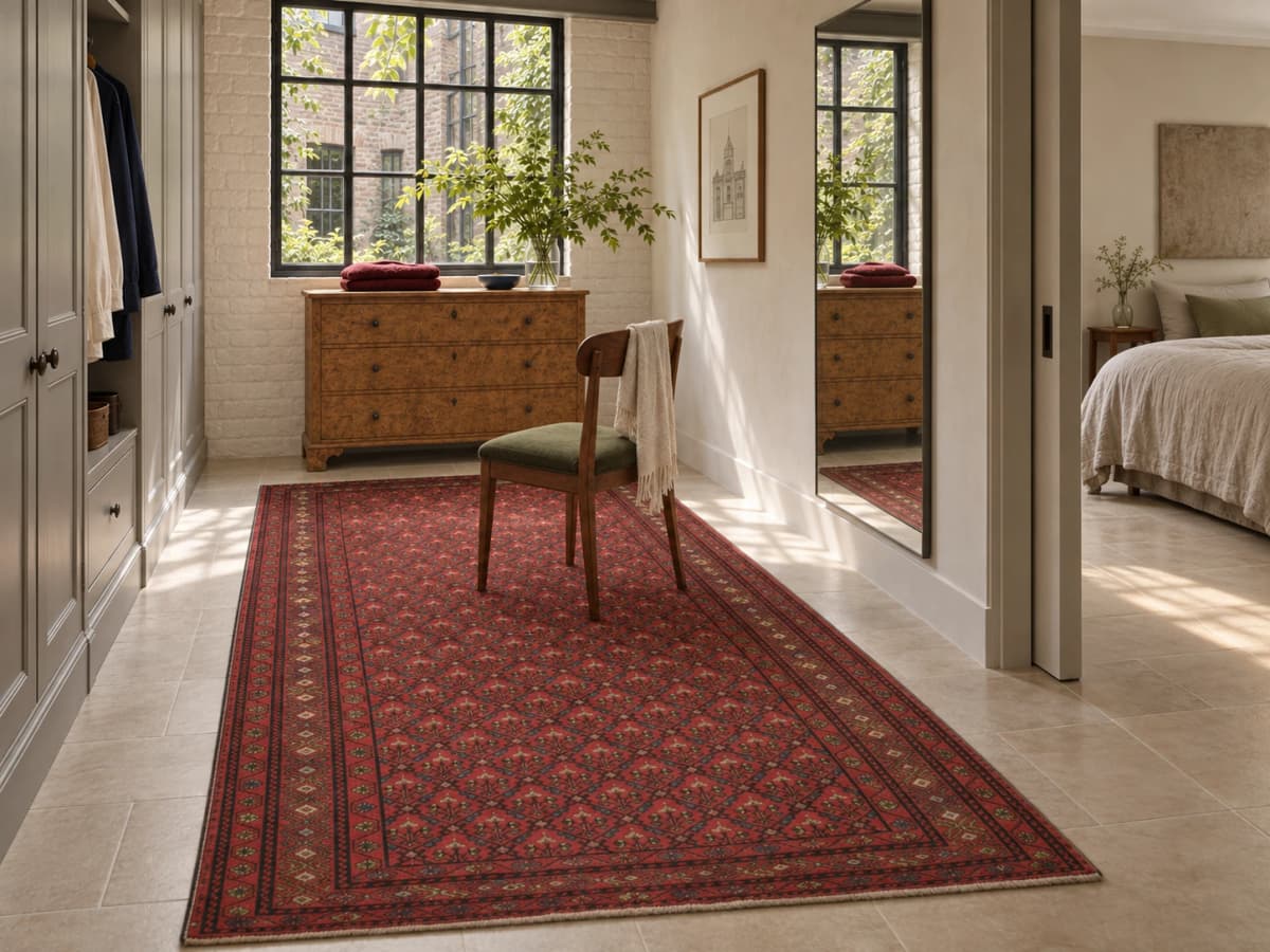 Persian rug, 147x290 cm, mainly red — In a room