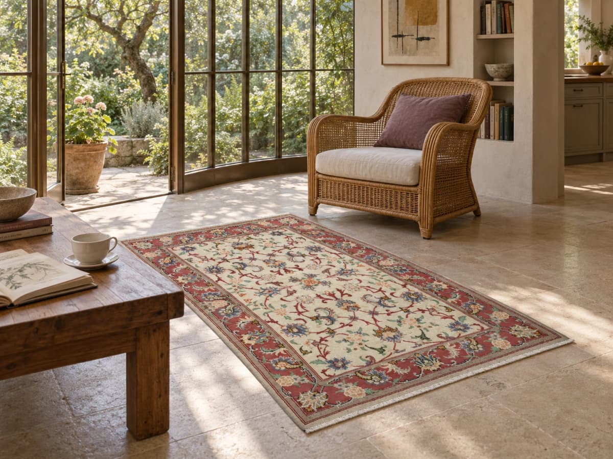 Tapis persan Tabriz, oriental, 123x195 cm, principalement blanc — Dans une pièce