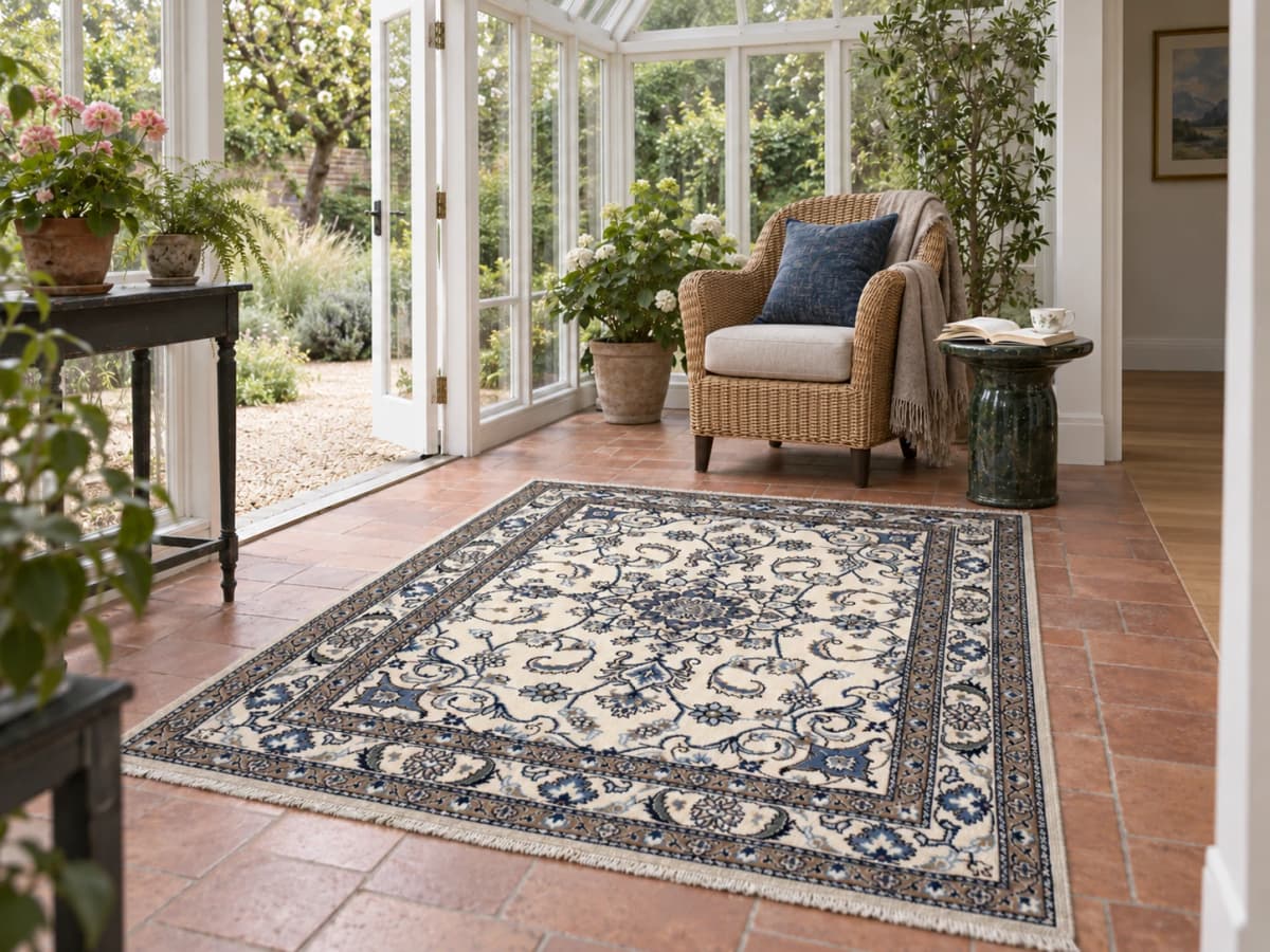 Tapis persan Nain, oriental, 147x202 cm, principalement blanc et bleu — Dans une pièce