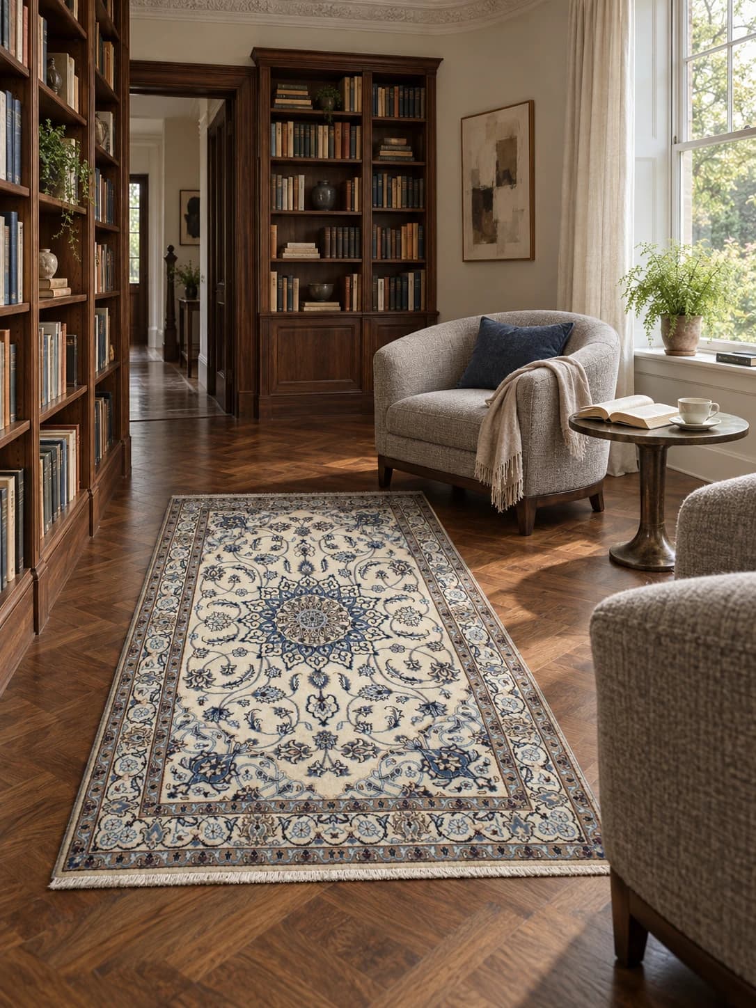 Perserteppich Nain, orientalisch, 120x202 cm, überwiegend in Blau und Weiß — Im Raum