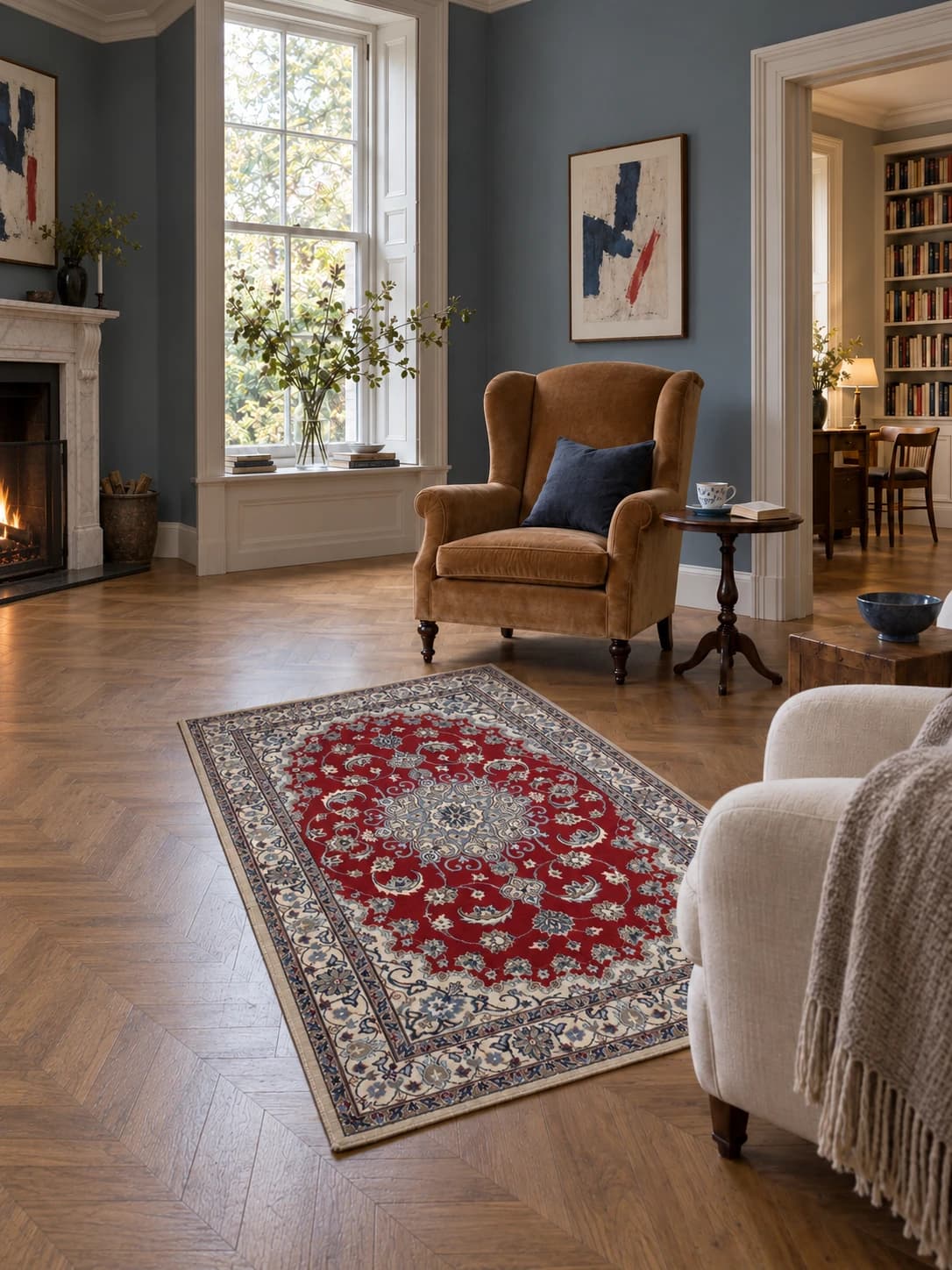 Tapis persan Nain, oriental, 117x205 cm, principalement rouge et bleu — Dans une pièce