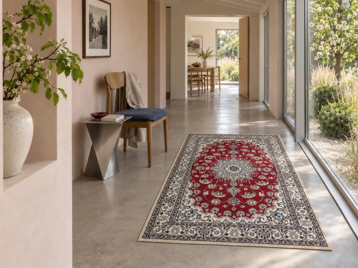 Tapis persan Nain, oriental, 117x205 cm, principalement rouge et bleu — Dans une pièce