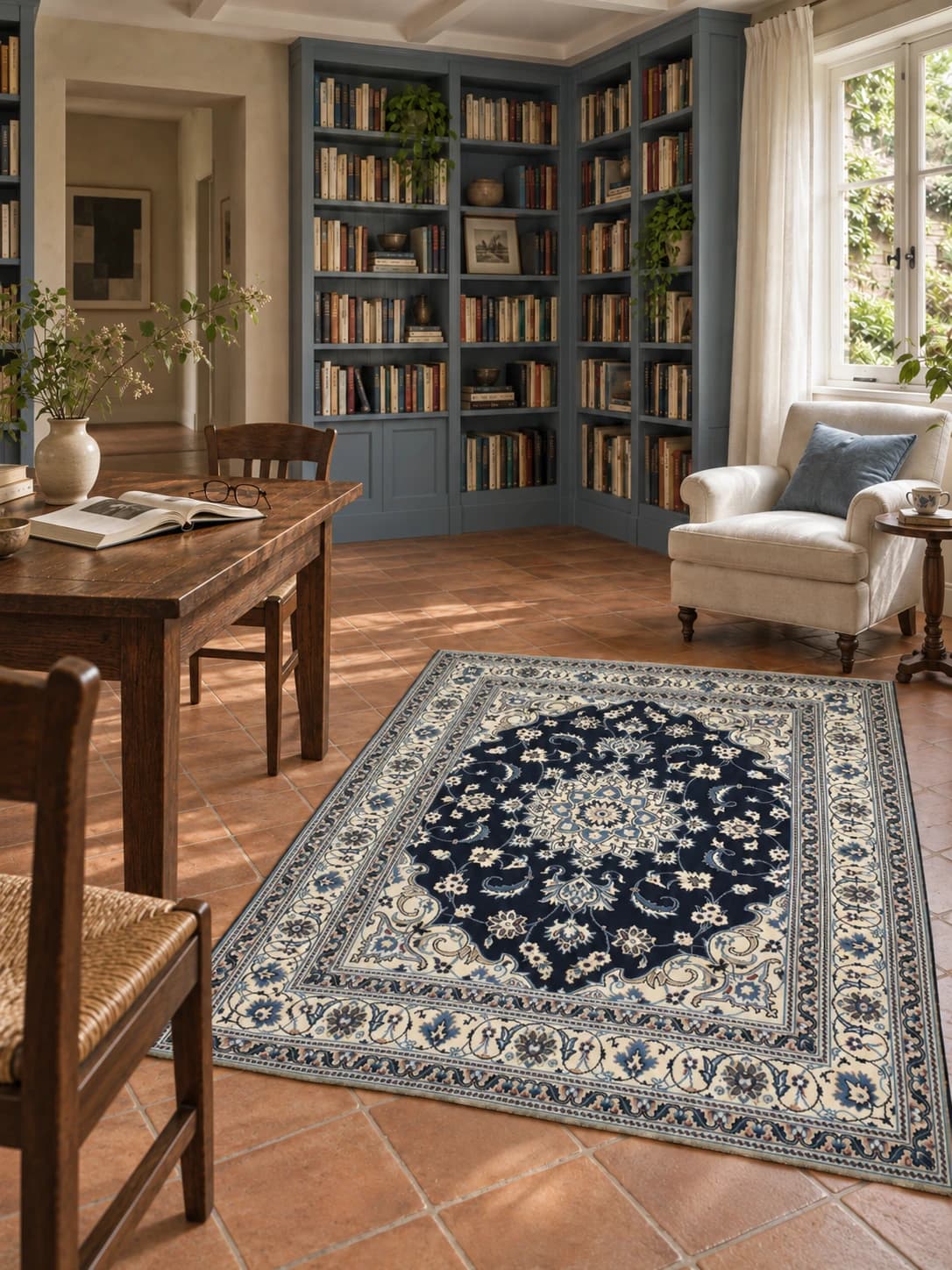 Alfombra persa Nain, floral, 148x204 cm, principalmente en azul y blanco — En una habitación