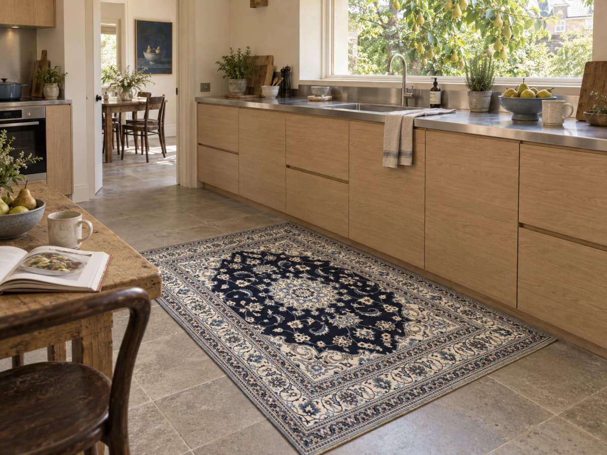 Alfombra persa Nain, floral, 148x204 cm, principalmente en azul y blanco — En una habitación
