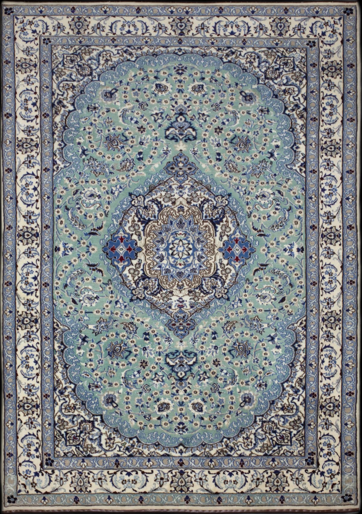 alfombra persa en dimensiones 249 centímetros de largo por 160 centímetros de ancho con colores principalmente turquesa
