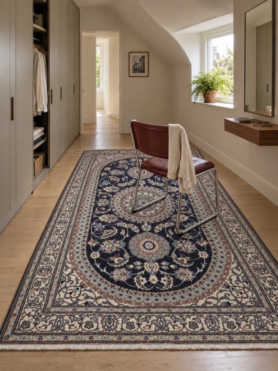 Perserteppich Nain, orientalisch, 162x270 cm, überwiegend in Blau — Im Raum
