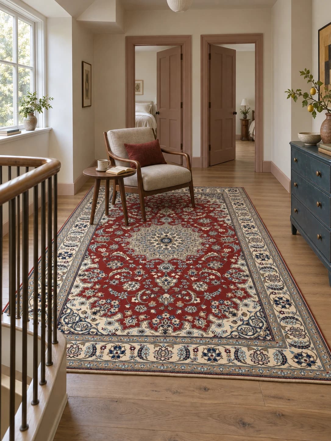 Persian rug, floral, 196x304 cm, mainly red and cream — In a room