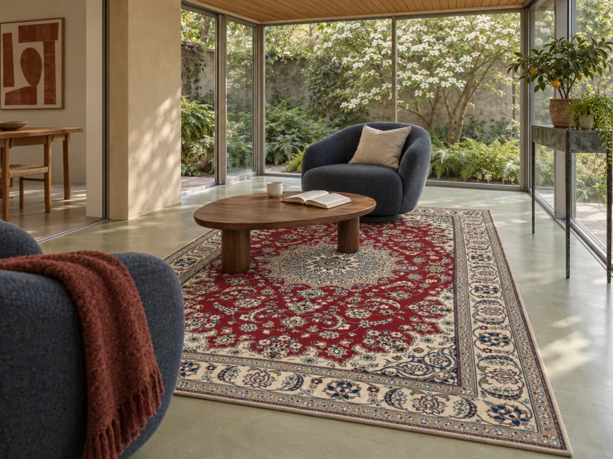 Persian rug, floral, 196x304 cm, mainly red and cream — In a room