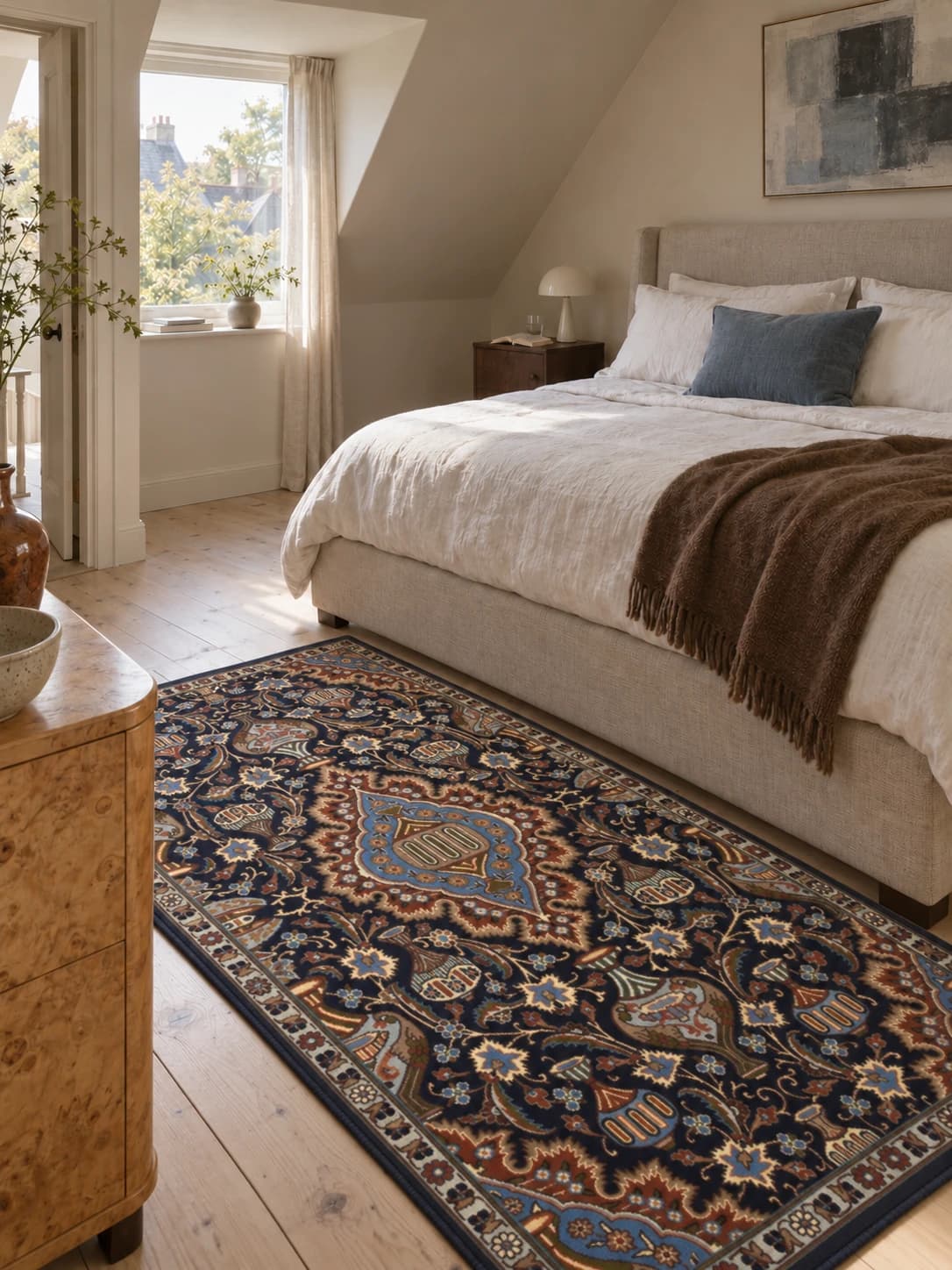 Tapis persan Kashmar, oriental, 107x183 cm, principalement bleu et noir — Dans une pièce
