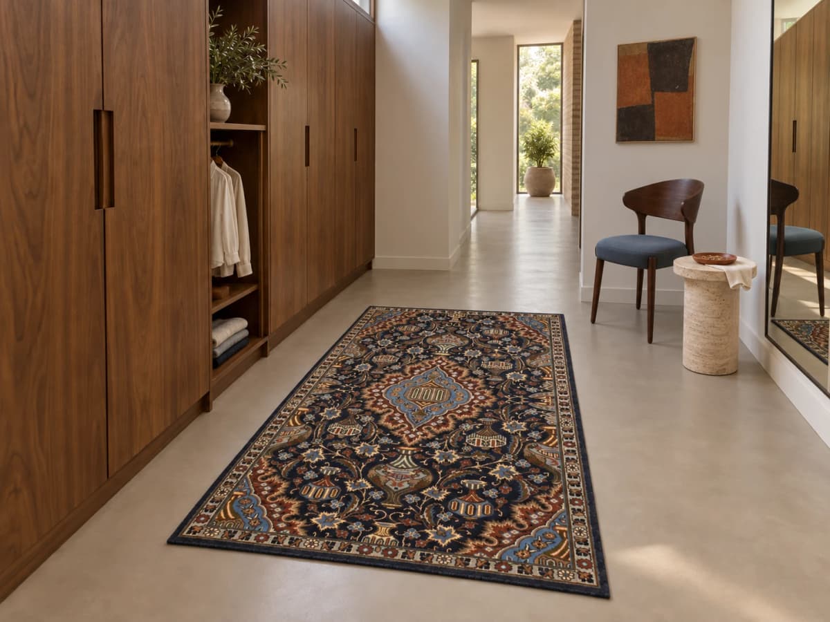 Tapis persan Kashmar, oriental, 107x183 cm, principalement bleu et noir — Dans une pièce