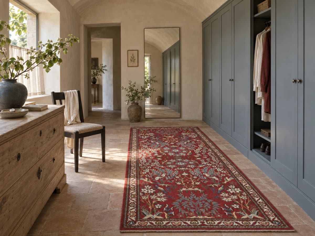 Tapis persan, oriental, 96x220 cm, principalement rouge — Dans une pièce