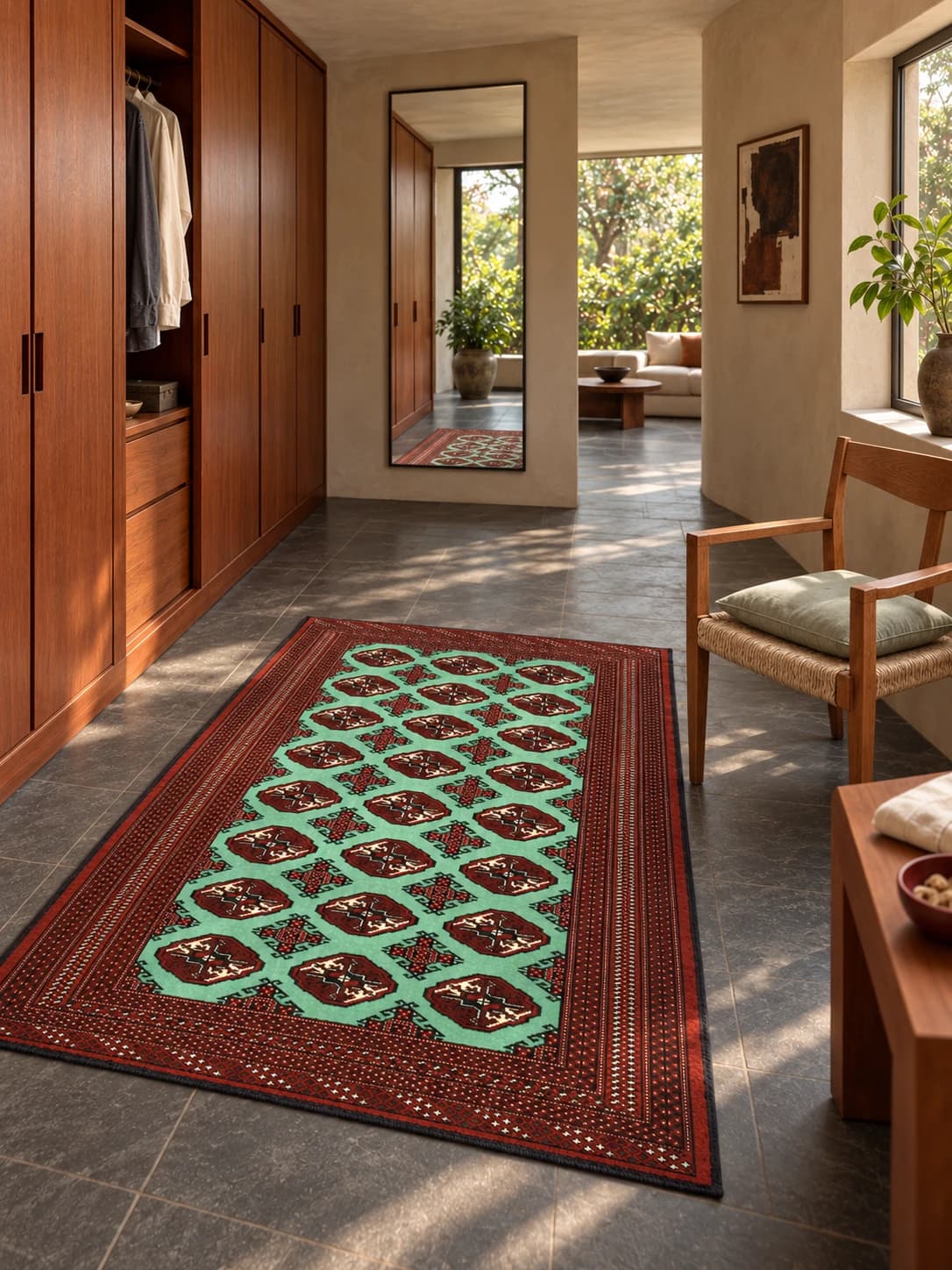 Perserteppich Turkmene, orientalisch, 132x198 cm, überwiegend in Grün — Im Raum