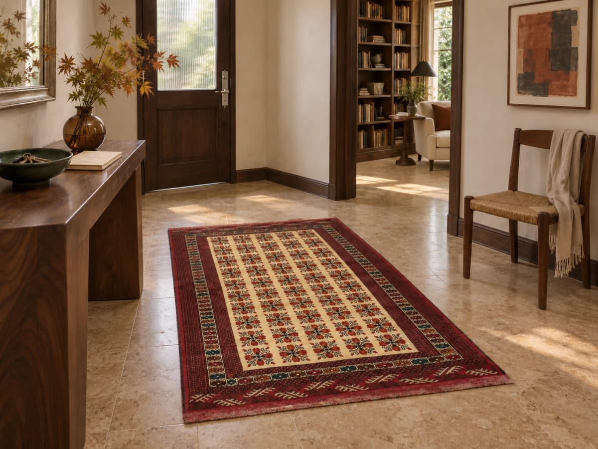 Tapis persan turkmène, oriental, 132x194 cm, principalement rouge et jaune — Dans une pièce