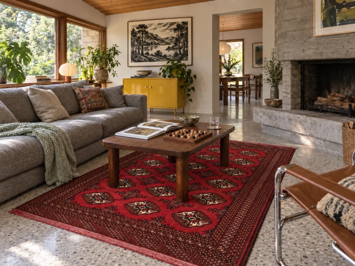 Tapis persan turkmène, oriental, 132x203 cm, principalement rouge — Dans une pièce
