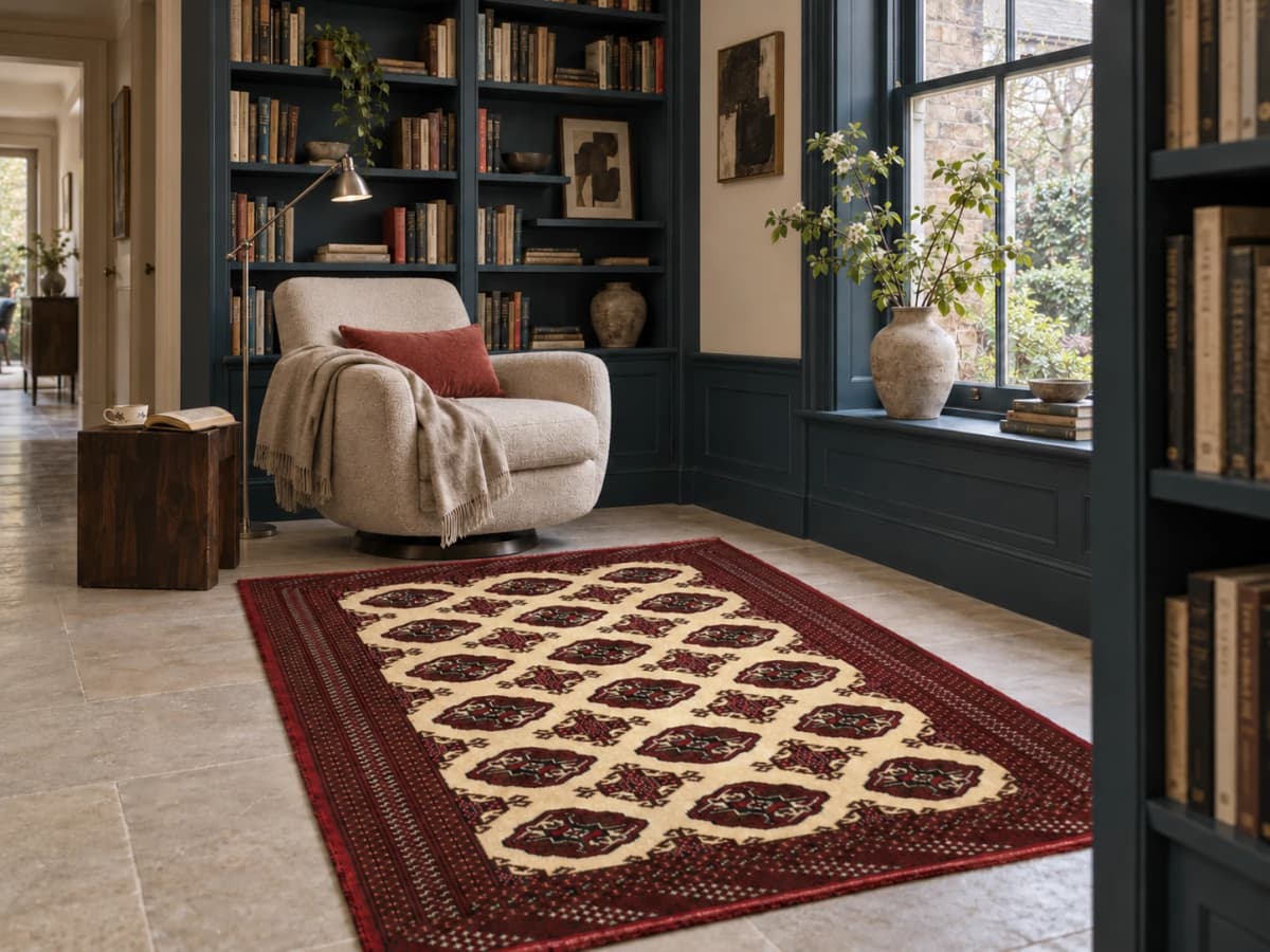 Perserteppich Turkmene, orientalisch, 132x190 cm, überwiegend in Beige — Im Raum