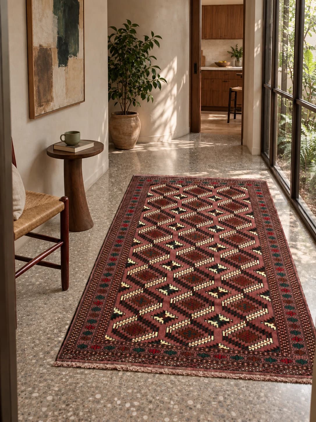 Tapis persan turkmène, géométrique, 133x200 cm, principalement marron — Dans une pièce
