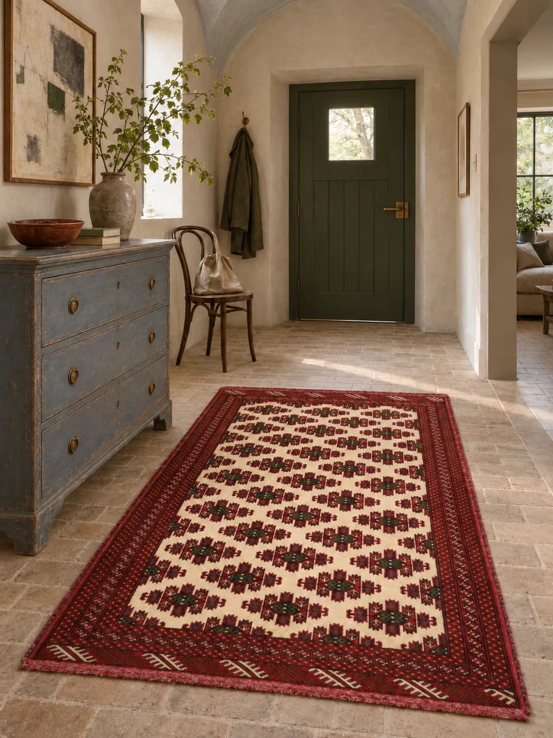 Perserteppich Turkmene, orientalisch, 132x185 cm, überwiegend in Rot und Beige — Im Raum