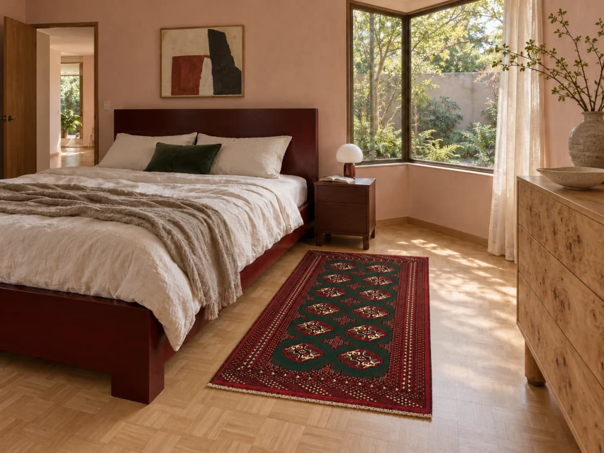 Perserteppich Turkmene, orientalisch, 97x145 cm, überwiegend in Grün — Im Raum
